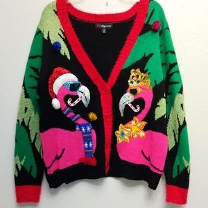 Festive Flamingo Tropical Christmas Cardigan Sweater Sequin Accent 🦩